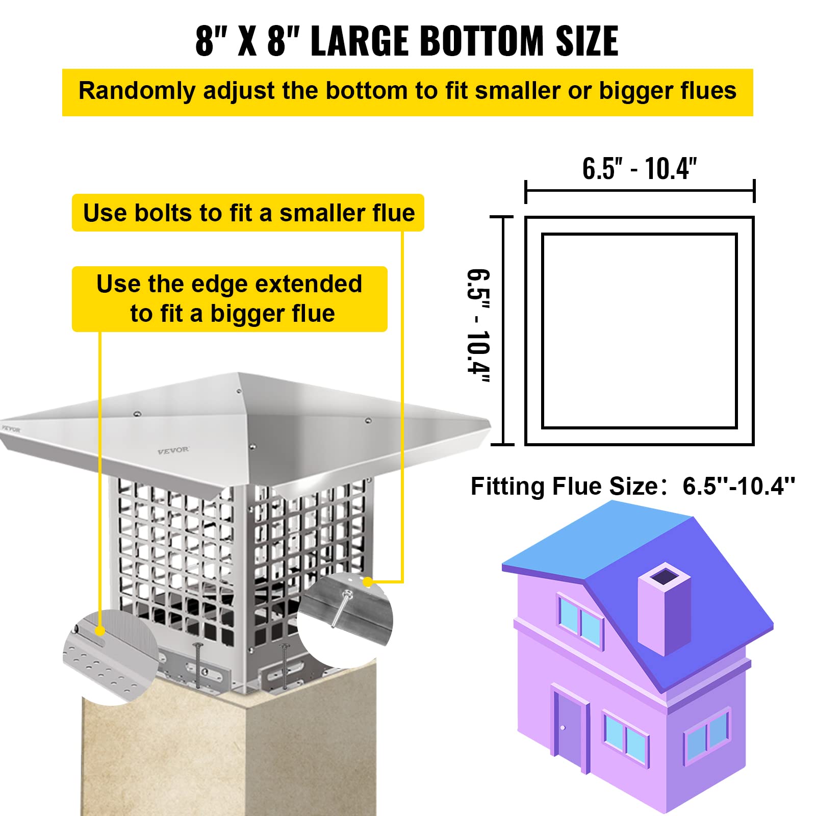 Vevor Chimney Cap, 8'' X 8'' Flue Caps, 304 Stainless Steel Fireplace Chimney Cover, Adjustable Metal Spark Arrestor With Bolts
